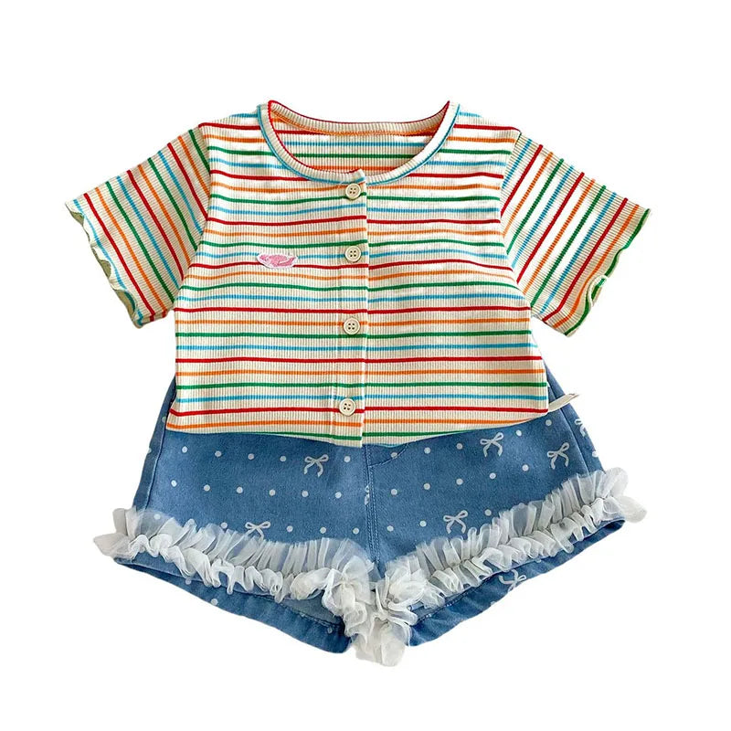 New Summer Girls Colourful Striped Cardigan Kids Short-Sleeved Knitted Sweater Children Cute Lace Bow Jeans 0-5Y Girls