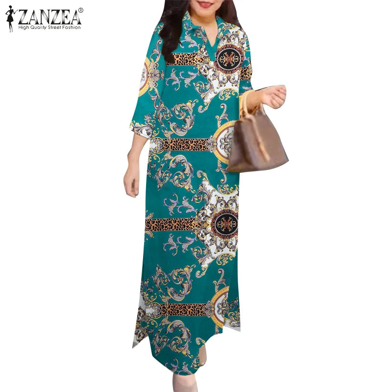 Fashion Slit Hem Shirtdress 3/4 Sleeve Women Vintage Casual Maxi Dress Autumn Baroque Print Lapel Neck Long Vestidos
