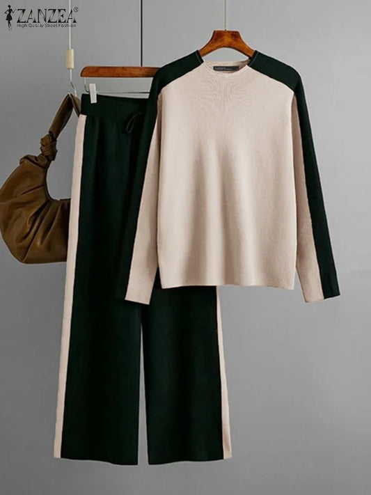 Casual Colour-Blocked Panels Women Pant Sets 2025 Spring Long Sleeve T-shirts Wide Leg Pant 2pcs Outfits Daily Tracksuits