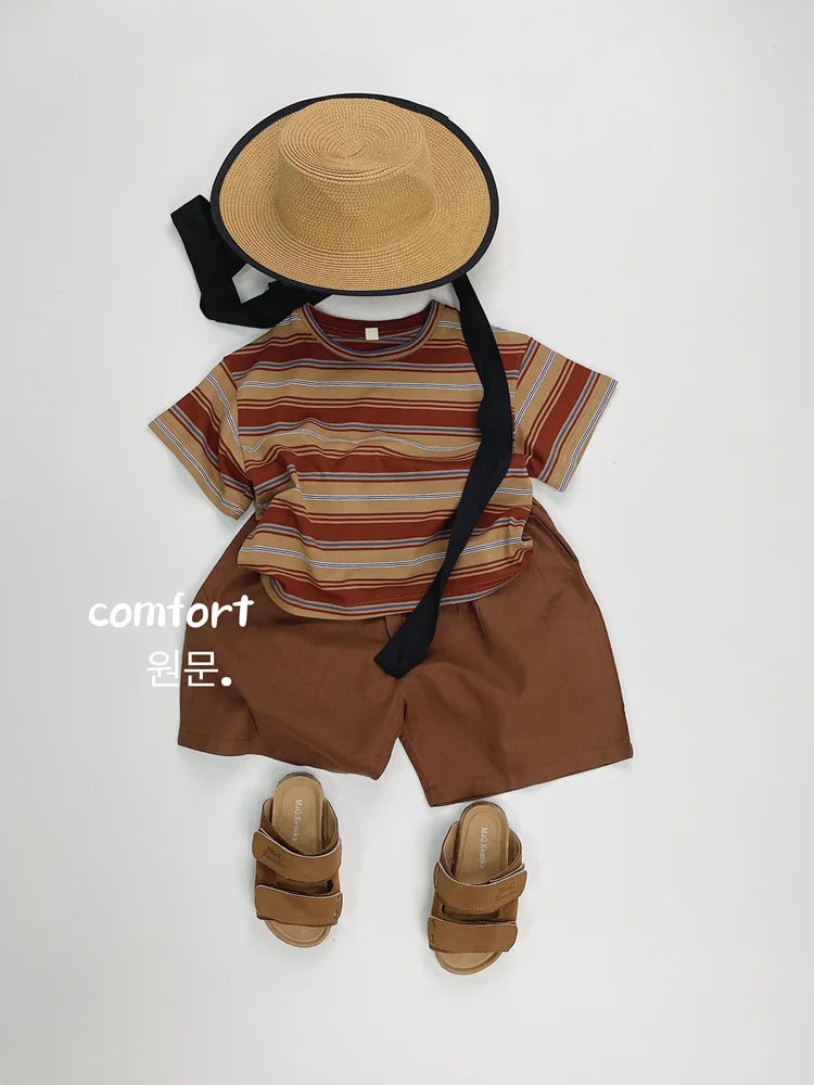 2025 Summer New Children Short Sleeve T-Shirts Cotton Baby Boy Girl Casual Striped Tees Toddler Versatile Tops Kids Clothes