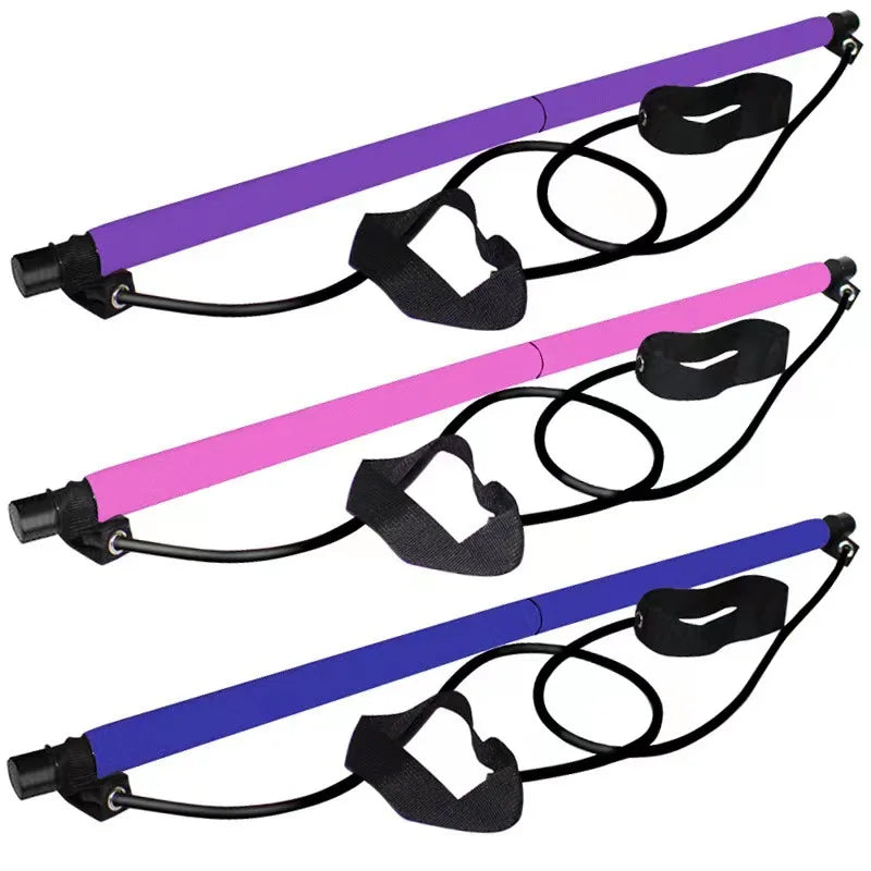 Adjustable Fitness Bar For Home Workout, Yoga, Stretching & Toning - Pilates Stick, Portable Exercise Rod with Elastic Bands