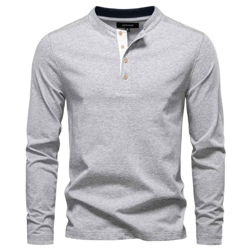 Men's Long Sleeve Fashion High Quality Cotton T-Shirt With Button Collar Basic Male T-Shirt