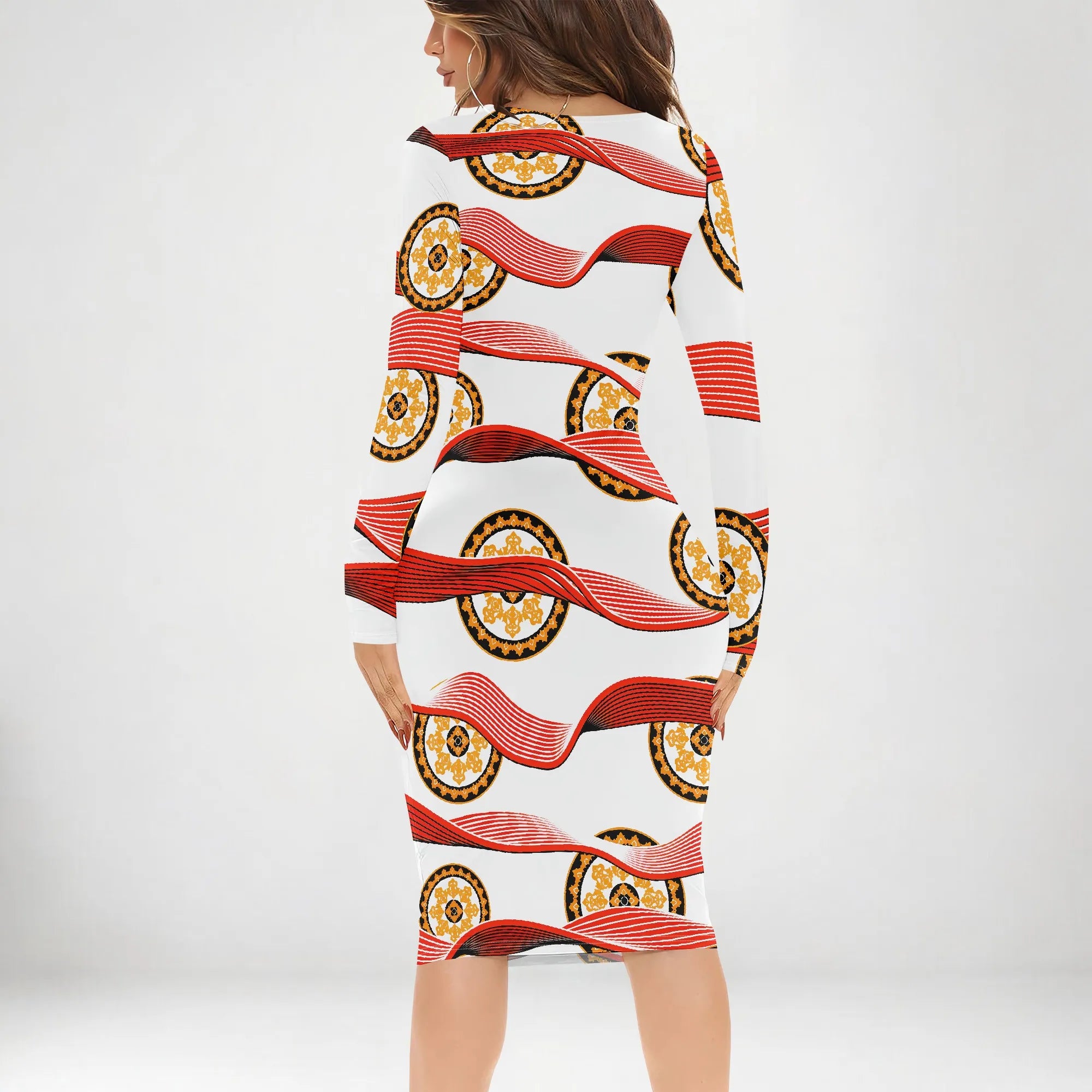 Womens Bodycon White Dark Blue line Flower Print Round Neck Ruffle Ruched Party Knee Length Pencil Dress