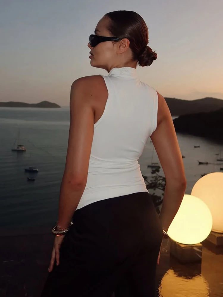 Metal Patchwork Women Fashion Tank Tops Summer Trend Ruched Turtleneck Beach Party Solid Simple Casual Elegant Outfits