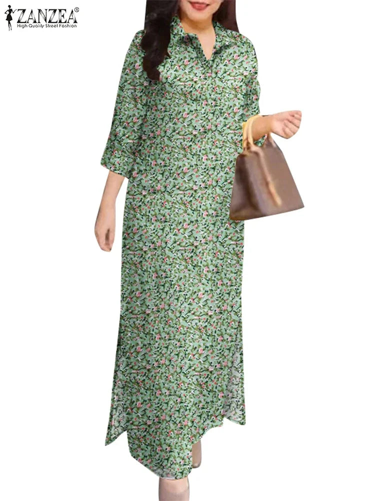 2025 Spring 3/4 Sleeve Maxi Dress Turn-down Collar Holiday Shirt Dress Loose Casual Floral Printed Women Vintage Vestidos