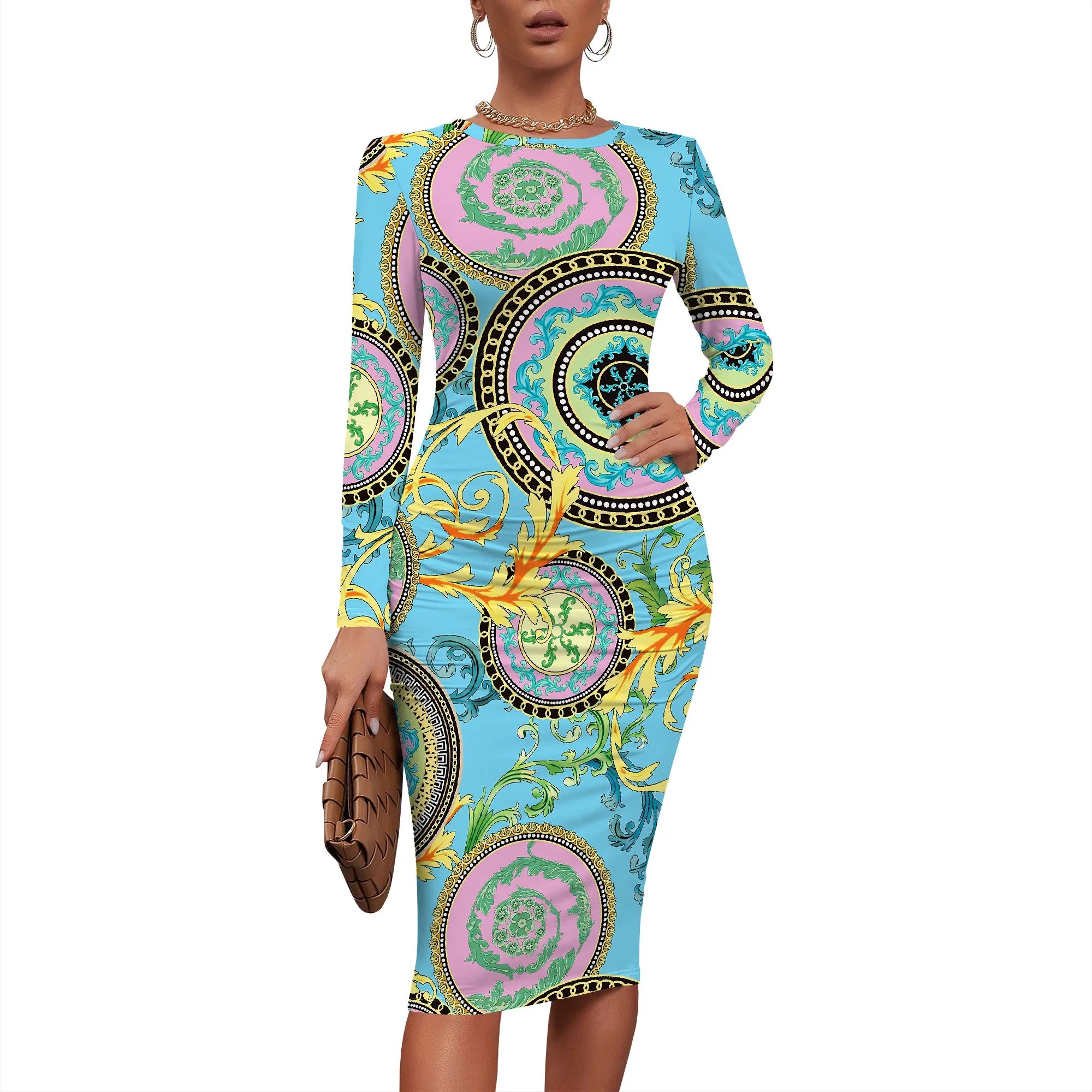 Women's 2025 Summer Dress Ruched Long Sleeve Crew Neck Midi Dress Elegant Bodycon Basic Casual Dresses