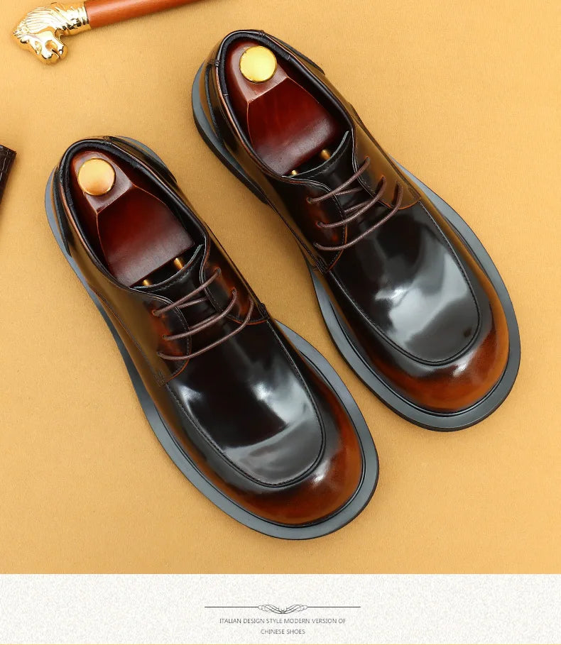 Men's business lace up casual leather shoes British big toe shoes cowhide patent leather round toe derby shoes Retro men's shoes