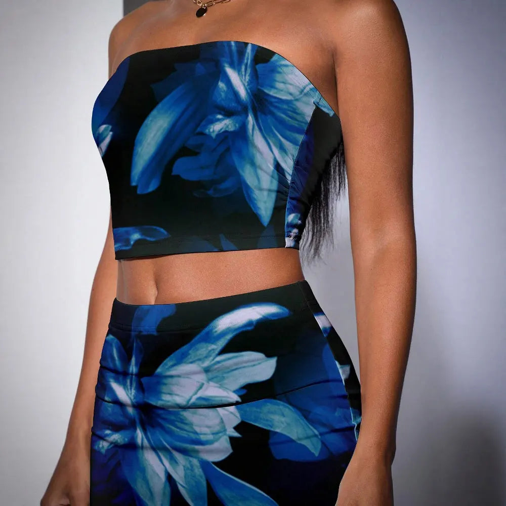 Women's Sets 2025 Summer Sexy Floral Sleeveless Off Shoulder Strapless Maxi Low Waist Wrap Skirts Vacation Sets