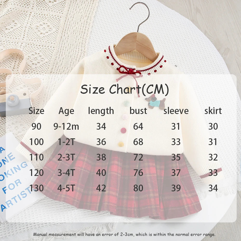 New Autumn Kids Sweater Set Cute Colourful Buttons Girls Knitted Shirt + Checked Skirt Children Sweet Thin Outfit 9M-5T Girls