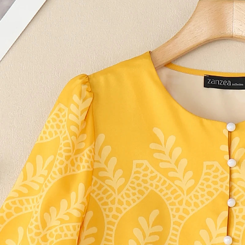 Casual Printing Shirts Women 2025 Autumn Elegant O-Neck Three Quarter Sleeve Button Up Chemises Femme Everyday Wear Tops