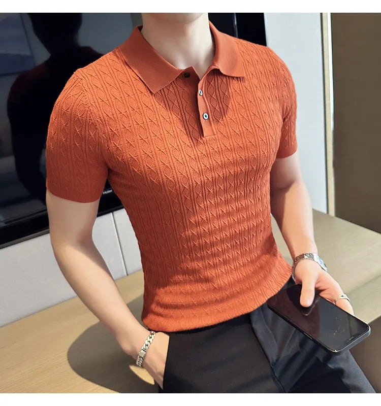Men's Slim-Fit Jacquard Knitted Short-Sleeved Polo Shirt for Male Fashion Lapel Golf Shirt