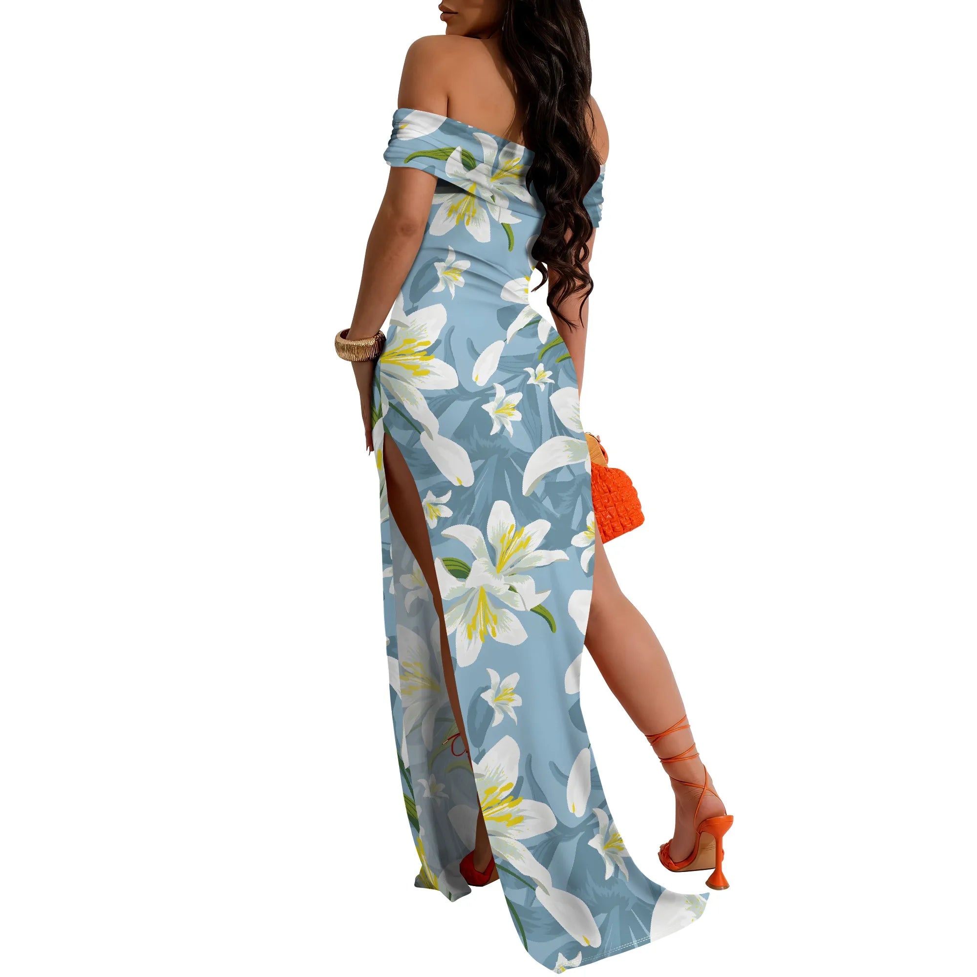 Lily Floral Off-Shoulder High Slit Maxi Dress - Women's Fresh Elegant Party Evening Resortwear Date Night