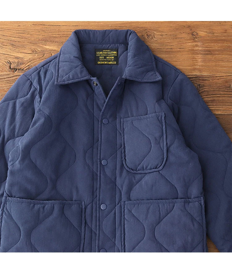 Winter New American Retro Langarm Revers Baumwolle gepolsterte Cargojacke Herren Einfacher dicker Innenliner Lässiger Mantel mit mehreren Taschen