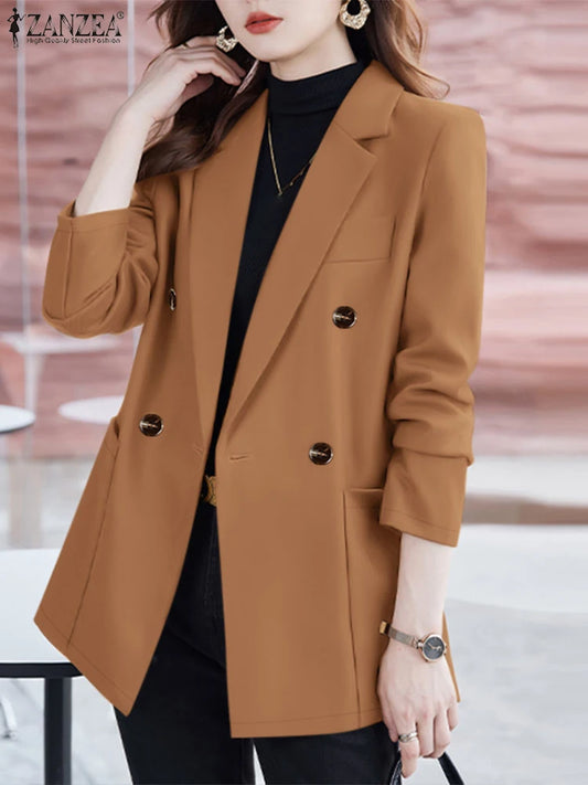 Casual Women Blazer Solid Office Lady Commute 2025 Spring Thin Jackets Lapel Neck Double-Breasted Long Sleeve Blazer