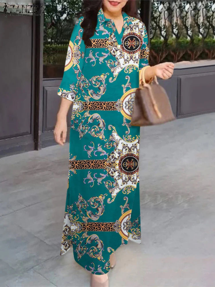 Fashion Slit Hem Shirtdress 3/4 Sleeve Women Vintage Casual Maxi Dress Autumn Baroque Print Lapel Neck Long Vestidos