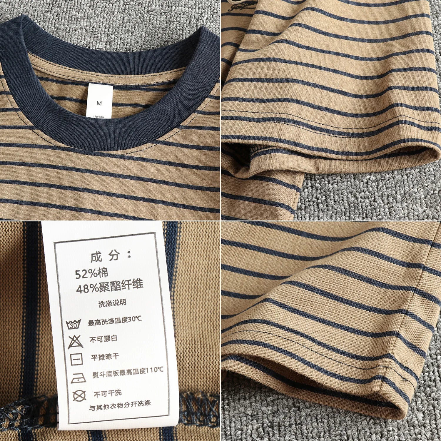 2025 Zomer Nieuwe Amerikaanse Retro 230g Korte Mouw O-hals Pet Borduurwerk Gestreept T-shirt Heren Eenvoudig Gewassen Oude Casual Losse Tops