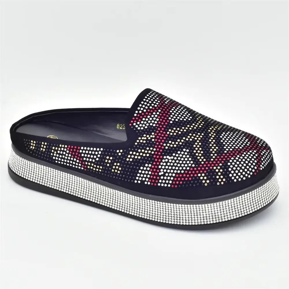 Bling Crystal Women Closed Toe Mules Half Close Slippers Thick Sole Light Weight Comfy Walking Shoes