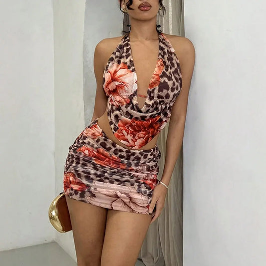 Women's Sets 2025 Summer Sexy Leopard Print Backless Sleeveless Halter Neck Mini High Waist Wrap Skirts Streetwear Sets