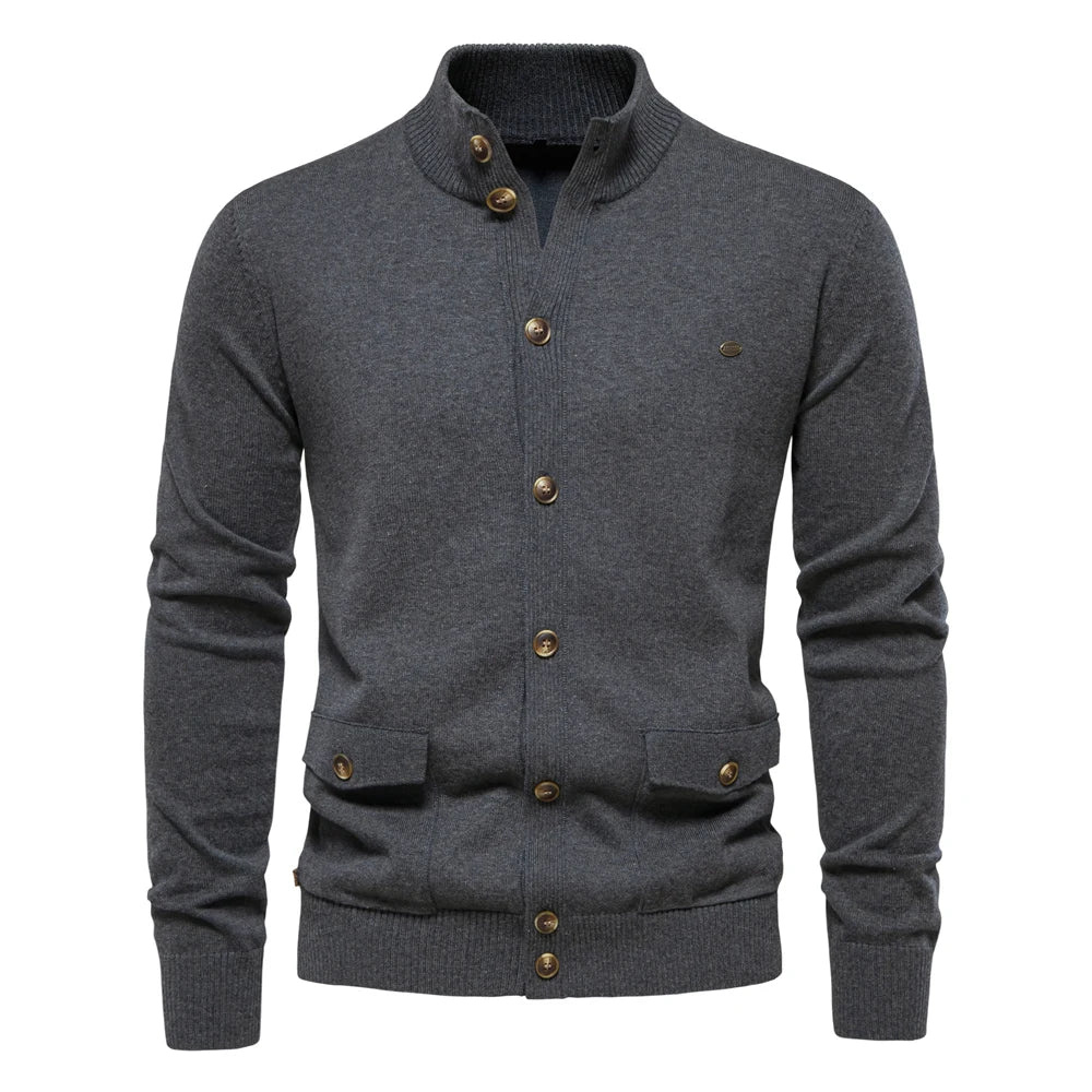 Men's Knitted Stand Mock Neck Cotton Cardigan Casual Social Autumn Button-Up Sweater Jacket for Men
