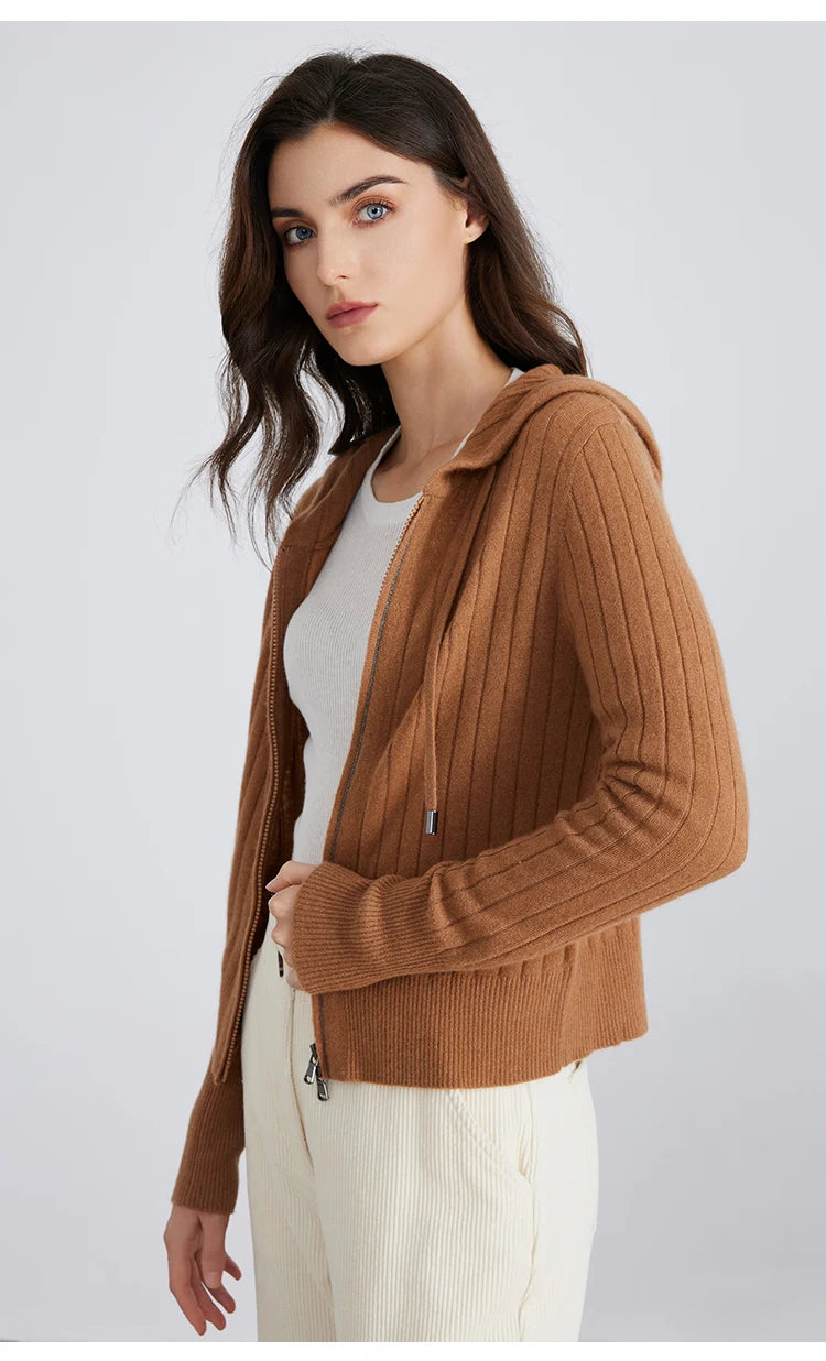Women's High-Quality Winter Luxury Brand Long-Sleeved Hooded Cardigan & Knitted Sweater With 94% Cashmere For Ladies