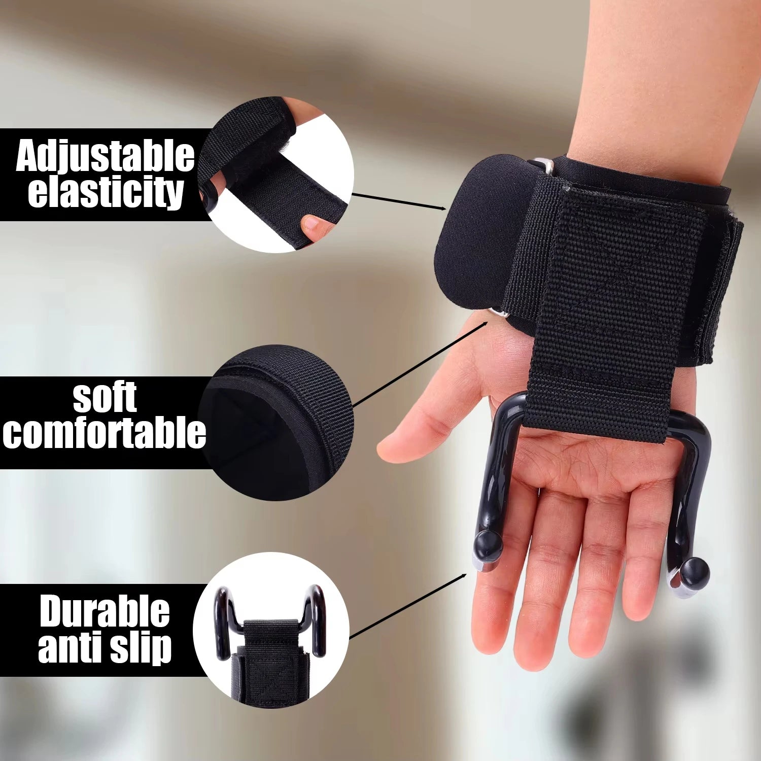 1Pair Weightlifting Hook Grips With Wrist Wraps - Serves As Hand-Bar Wrist Strap, Weight Strap Pull-Ups, And Power Lifting Gloves