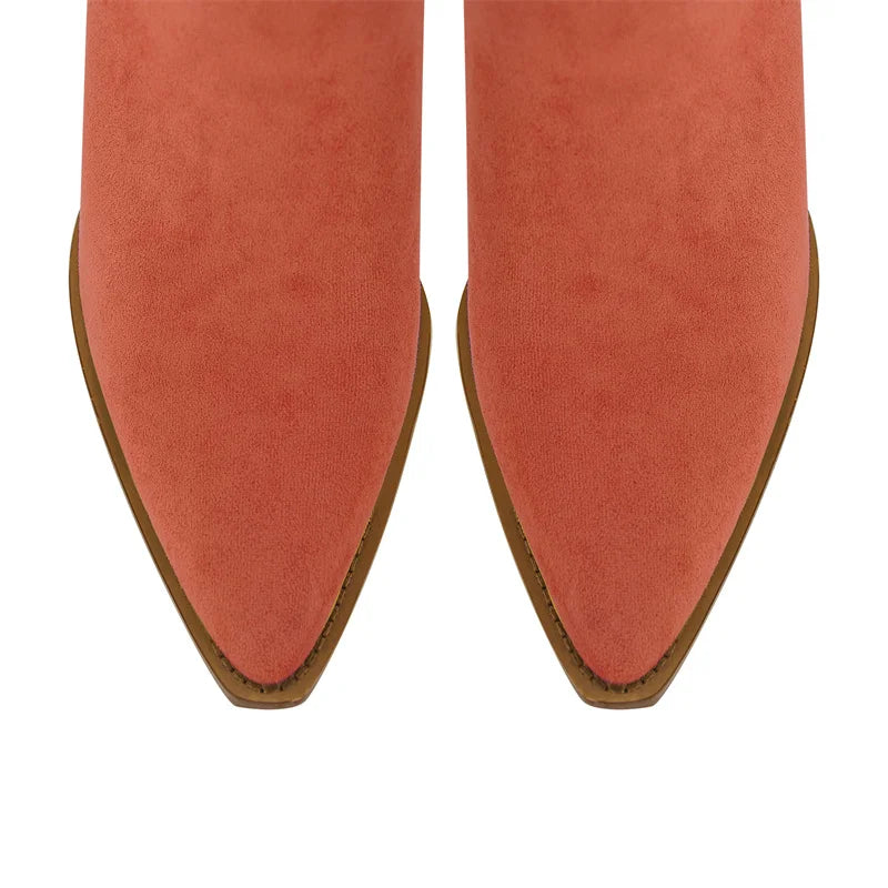Pointed Toe  Pull-on Western Cowgirl  Boots  Chunky Heel Big Size Ankle Boots
