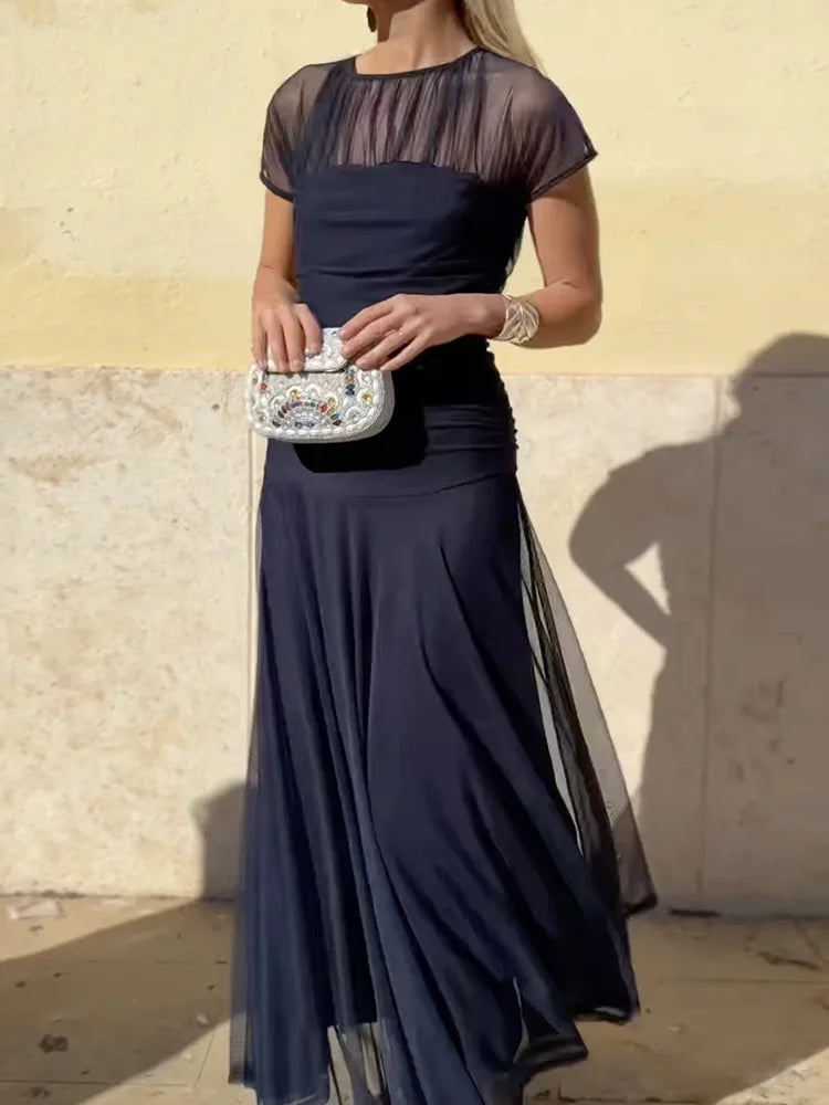 Women Summer Round Neck Loungewear Dress, See Through Solid Mesh Patchwork Elegant Maxi Dress, Short Sleeve Casual Ladies Dress