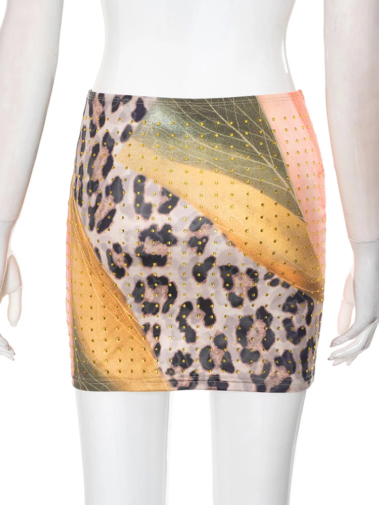 Rhinestones Leopard Print Skirts Women Wild Basic Wild Summer Trend Y2K Hottie Sexy Skinny Party Clubwear Mini Bottom