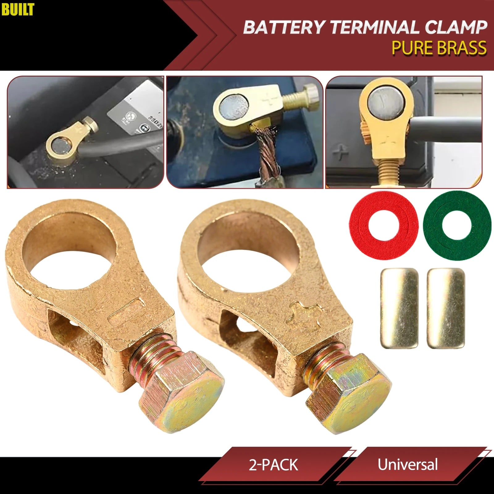 2pcs Pure Brass Car Battery Terminal Wire Cable Clamp Top Quick Post Positive & Negative Connection Clips with Washers Universal