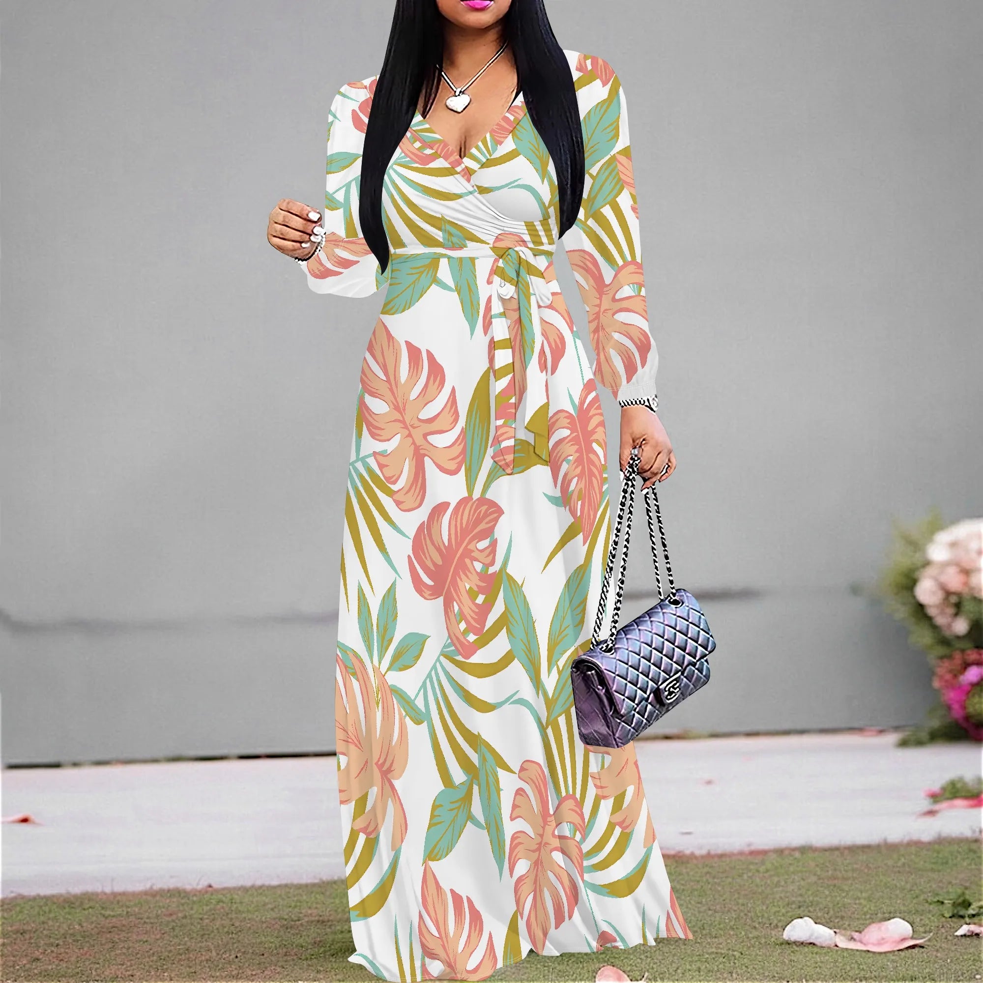 Standard Size Long Sleeve V Neck Maxi Dress White Tropical Leaf Print Casual Vacation Outfit