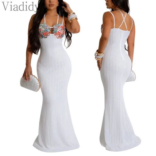 Women Sexy Solid Color Spaghetti Strap Sleeveless Backless Embroidery Floor-length Party Dress