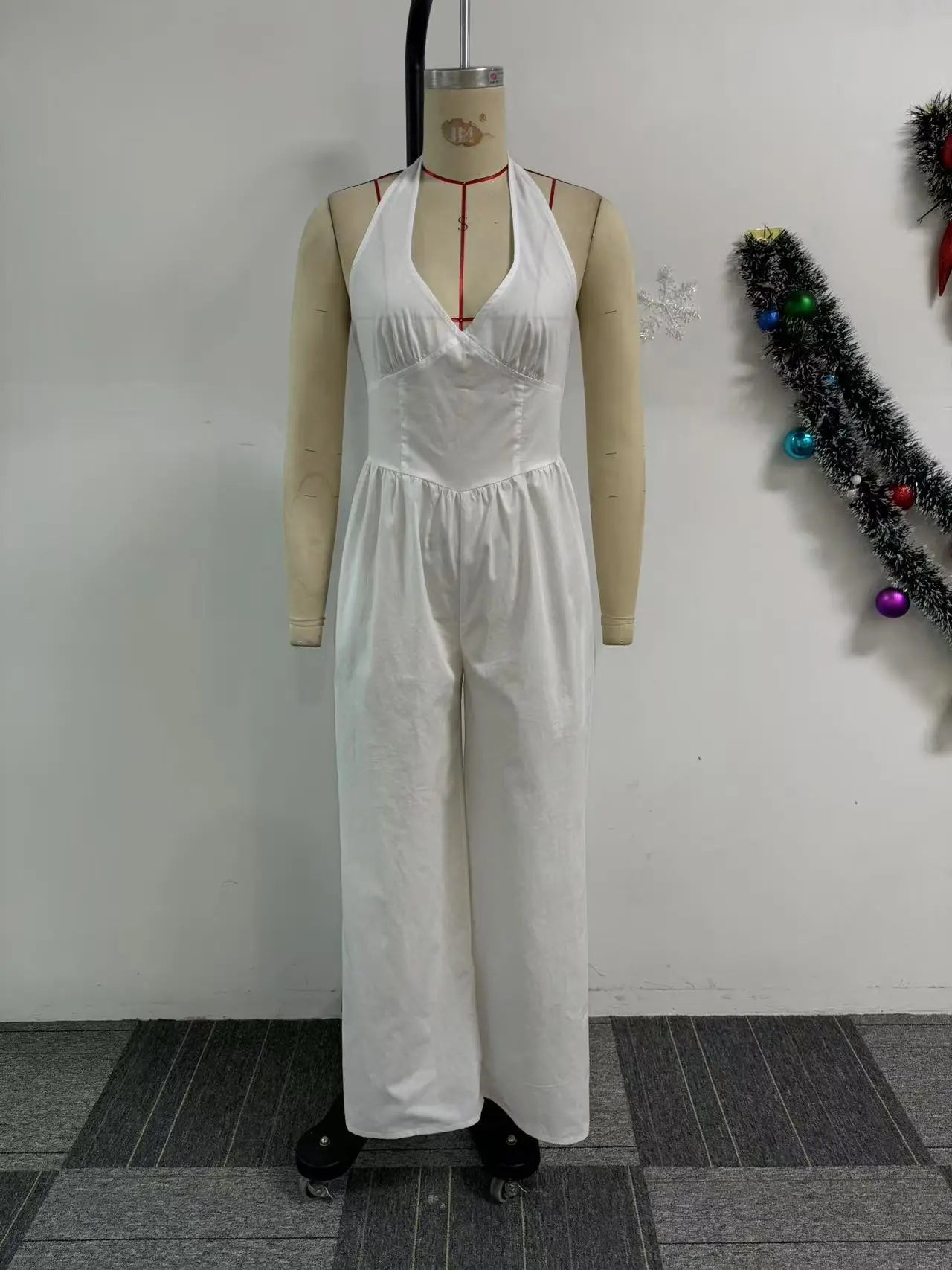 Women's Sexy Solid Color Halter Backless Wide Leg Jumpsuits Casual Sleeveless Rompers