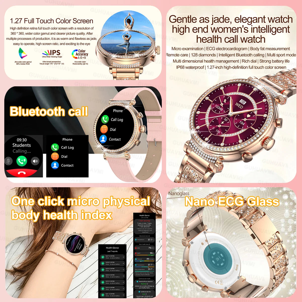 Women Diamond Smart Watch ECG Women Health tracking Watch Full Touch Screen BT Call Custom dial Smartwatch Compatible with Huawei & Xiaomi IOS