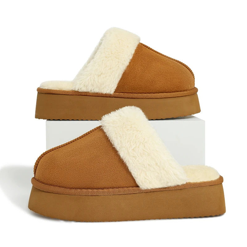 Women's Fluffy Plush Winter Shoes With Thick Sole Fuzzy Slides Suitable For Indoor and Outdoor Use With Anti-Slip Platform Fur Slippers