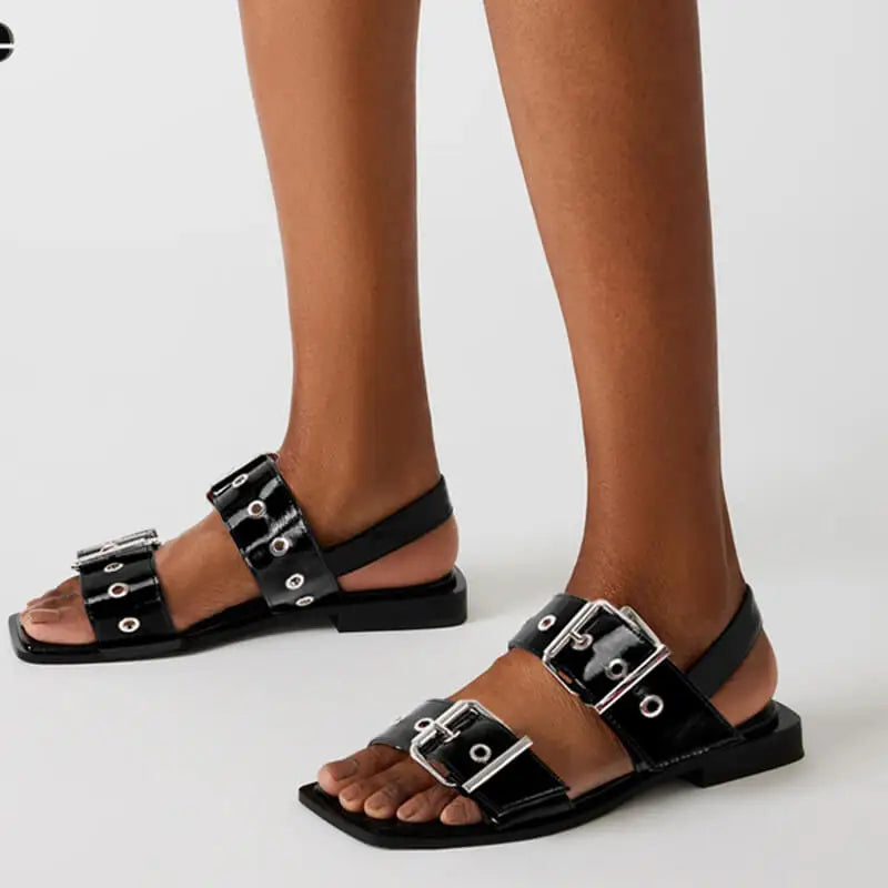 Women Square Toe Buckle Strap Flats Sandals Lady Big  Size Summer Punk Retro Mary Jane Slingbacks Sandals