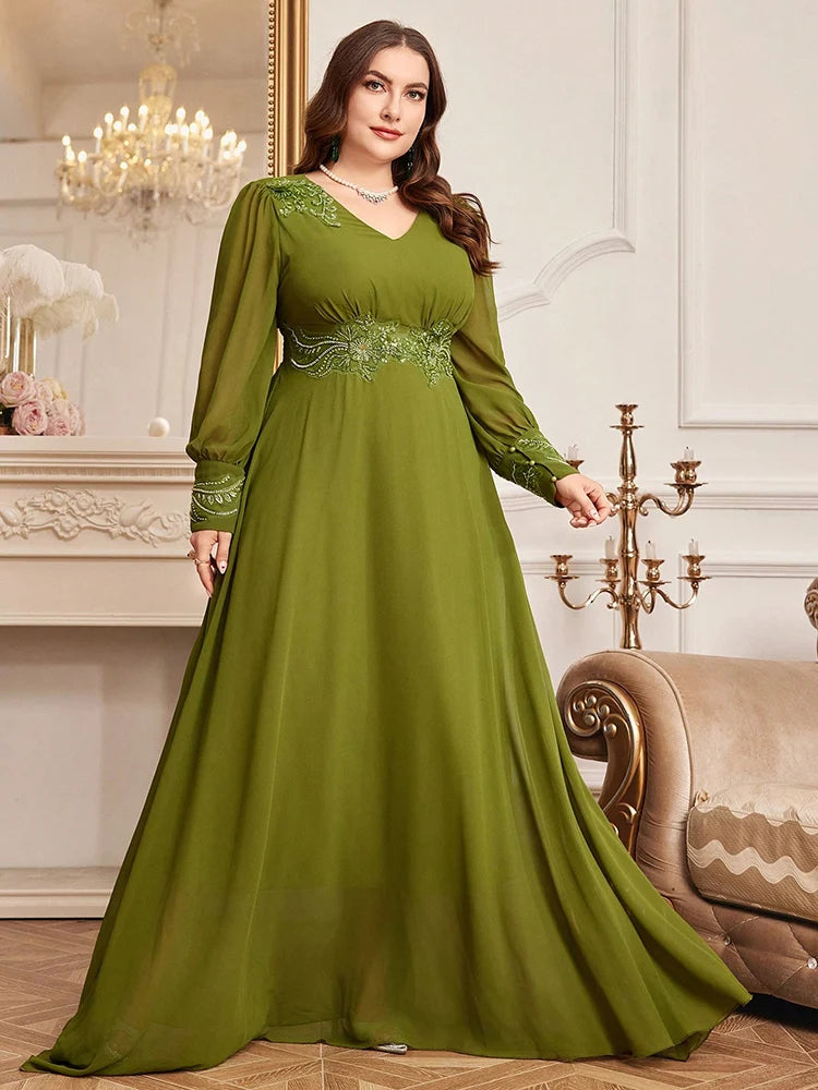 Luxury Elegant Long Sleeve Maxi Dresses Plus Size Women Wife Embroidery Patchwork High Waist Evening Party Dress
