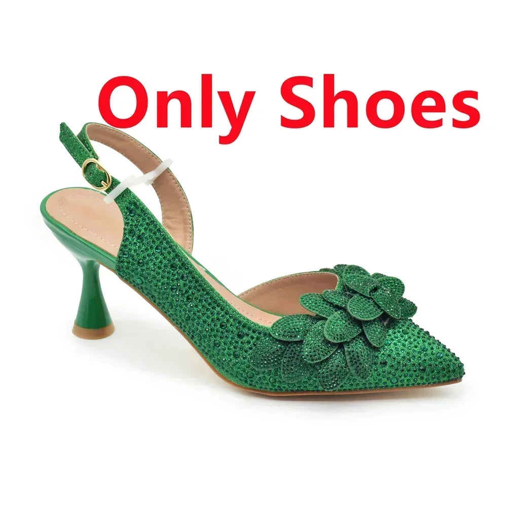 Women's Rhinestones-Decorated Party Luxury Italian Pointed Toe Shoes and Bag Set for Ladies' Wedding Pumps With High Heel