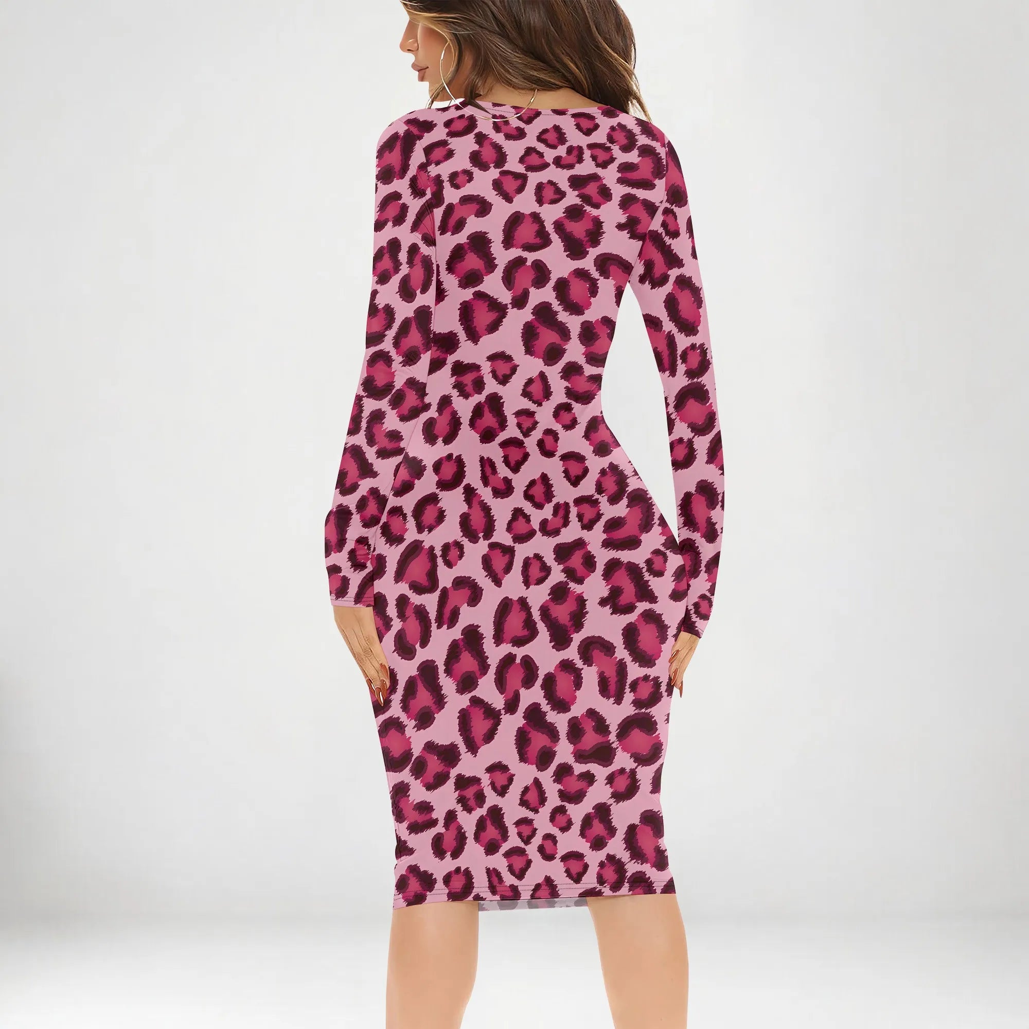 Sexy Pink Leopard Print Bodycon Dress for Women Long Sleeve Slim Fit Clubwear Dress