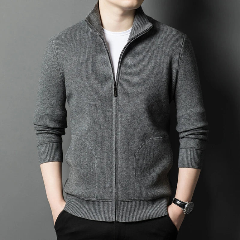 Men's Solid Colour Autumn Long-Sleeved Stretch Warm Cardigan, Daily Jacket Sizes M-4XL