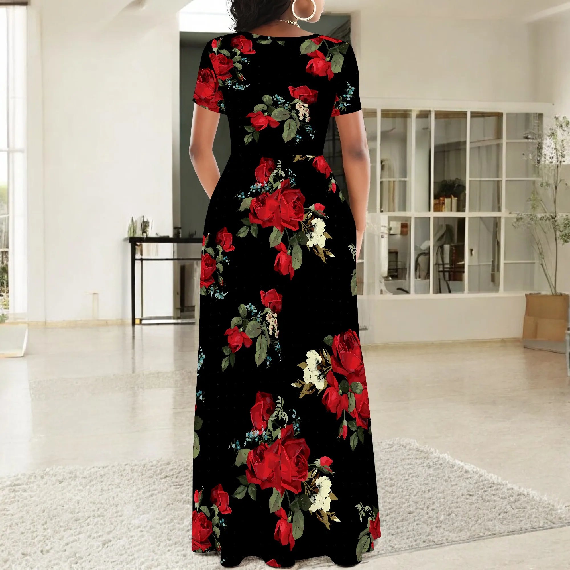 Summer Off Shoulder Floral Print Maxi Dress Elegant Short Sleeve Vacation Outfit