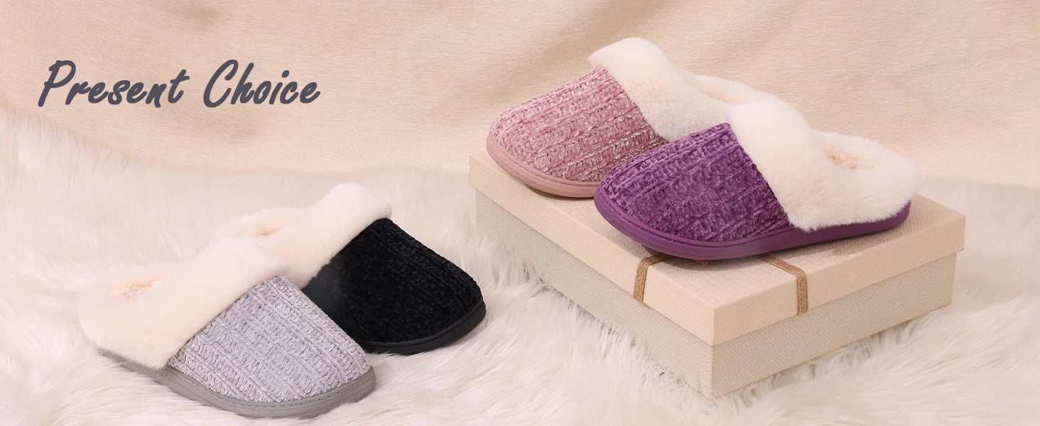 Women's Fleece Lined Warm House Cotton Slippers With Memory Foam and Non-Slip Cosy Fluffy Sole Plush Knit Slides Suitable For Bedroom Use