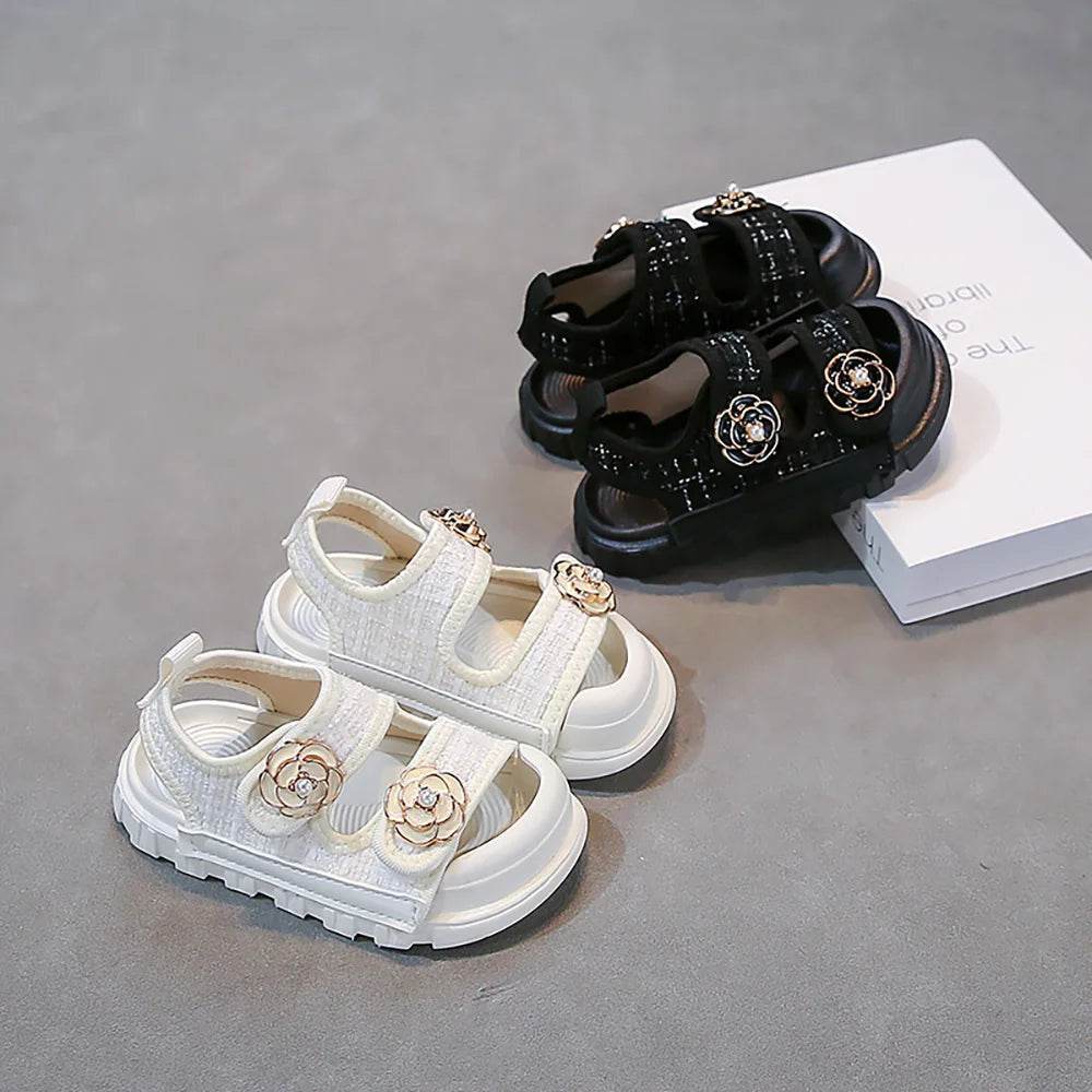 Korean Style Summer Sandals For Girls Luxury Pearl Flower Children's Beach Shoes Ergonomics Soft-soled Kid's Girl Sandals
