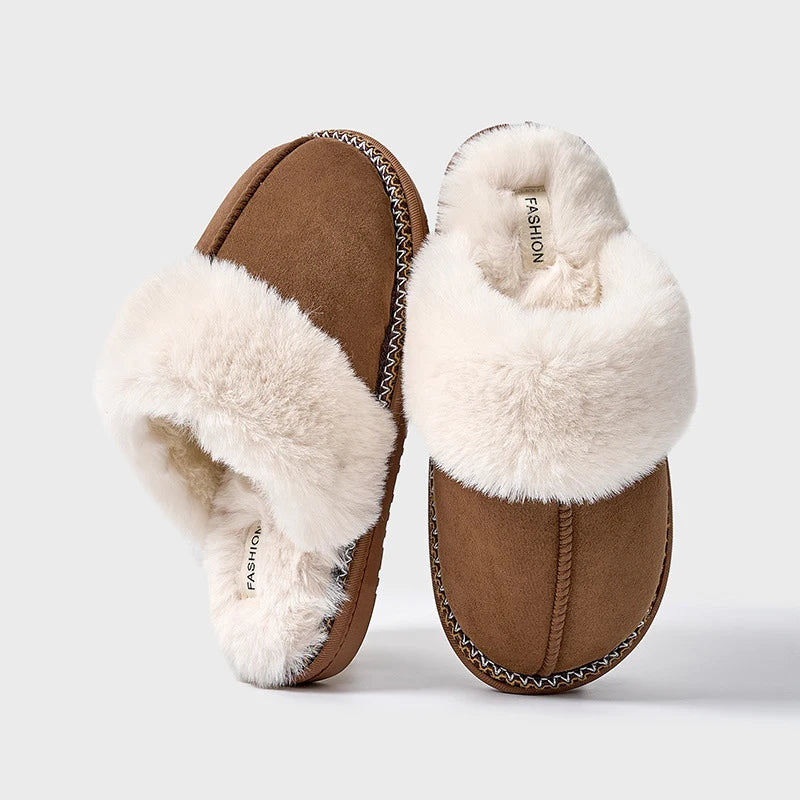 Women's Warm Fuzzy Slippers Winter Fur Collar Indoor Plush Flat Slides Fluffy Ladies' Cotton Shoes Furry House Slippers