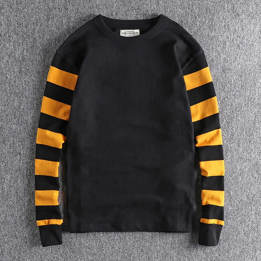 Herfst Amerikaanse Retro Lange Mouw Zwaargewicht Gestreept T-shirt Herenmode Puur Katoen Gewassen Gevangenis Motorfiets Casual Tops