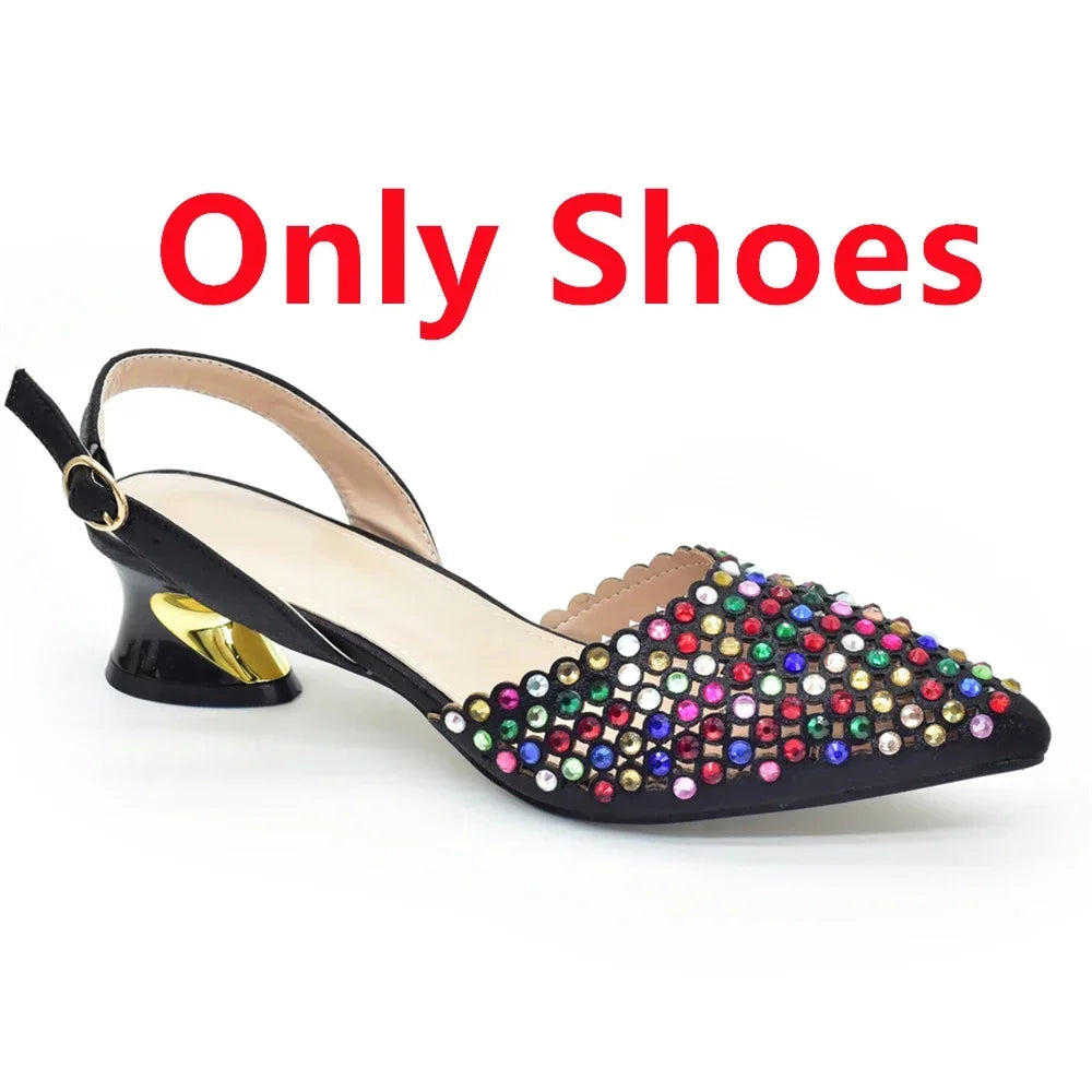 Italian Shoes with Matching Bags Set Rhinestone-Decorated with Medium Heels  for African Ladies' Party Pumps