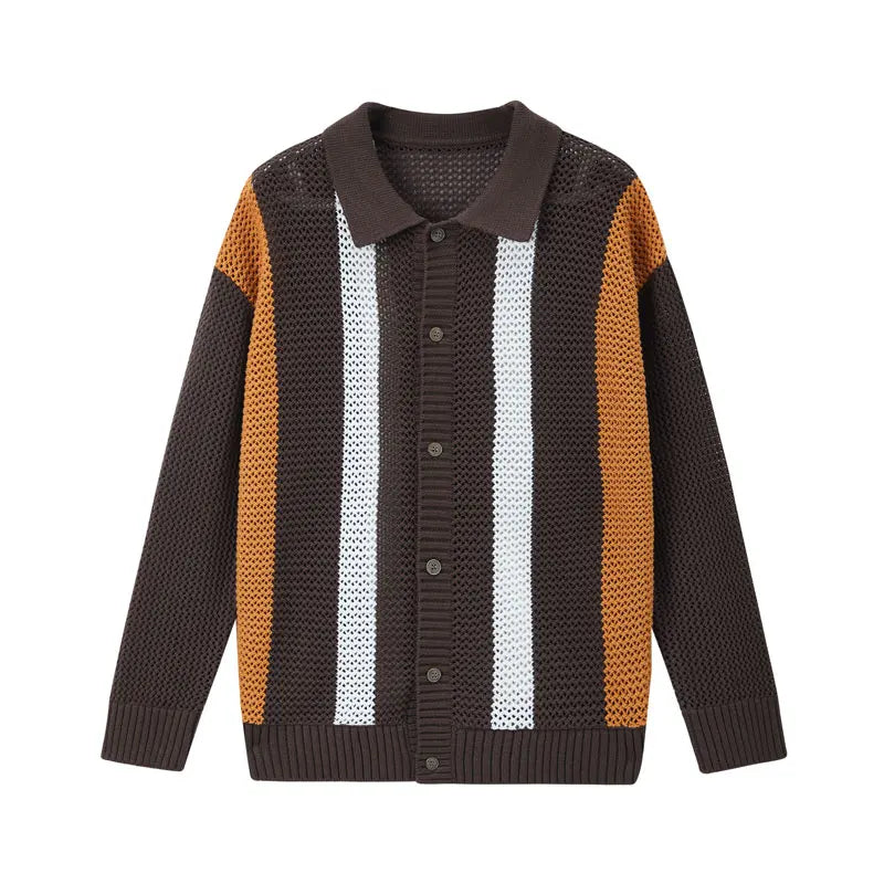 Men's Autumn/Winter Colour-Block Striped Polo Collar Knitted  High Quality Hollow Out Cardigan With 60% Cotton