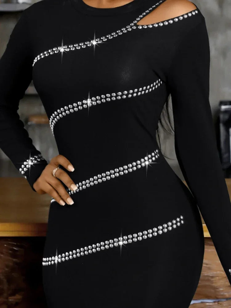 Sexy Rhinestone One Shoulder Long Sleeve Party Dress