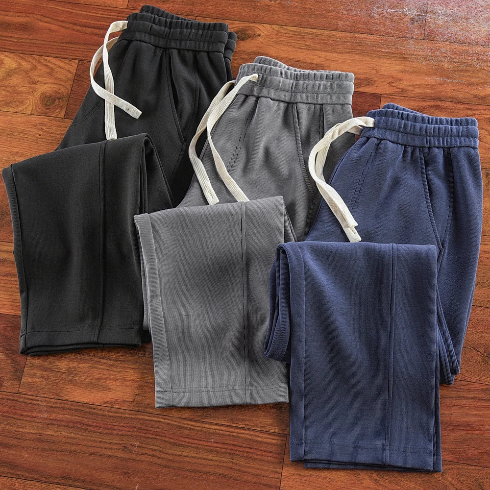 Herfst Nieuwe Amerikaanse Retro Dikke Effen Kleur Gebreide Joggingbroek Heren Eenvoudige Elastische Taille Trekkoord Sport Casual Losse Broek