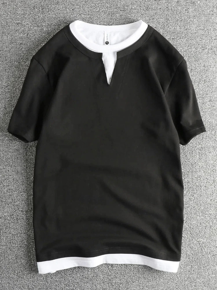 2025 Summer American Retro Short Sleeve V-neck Fake Two Pieces Solid Color T-shirt Men's 100% Cotton Washed Youth Casual Tops
