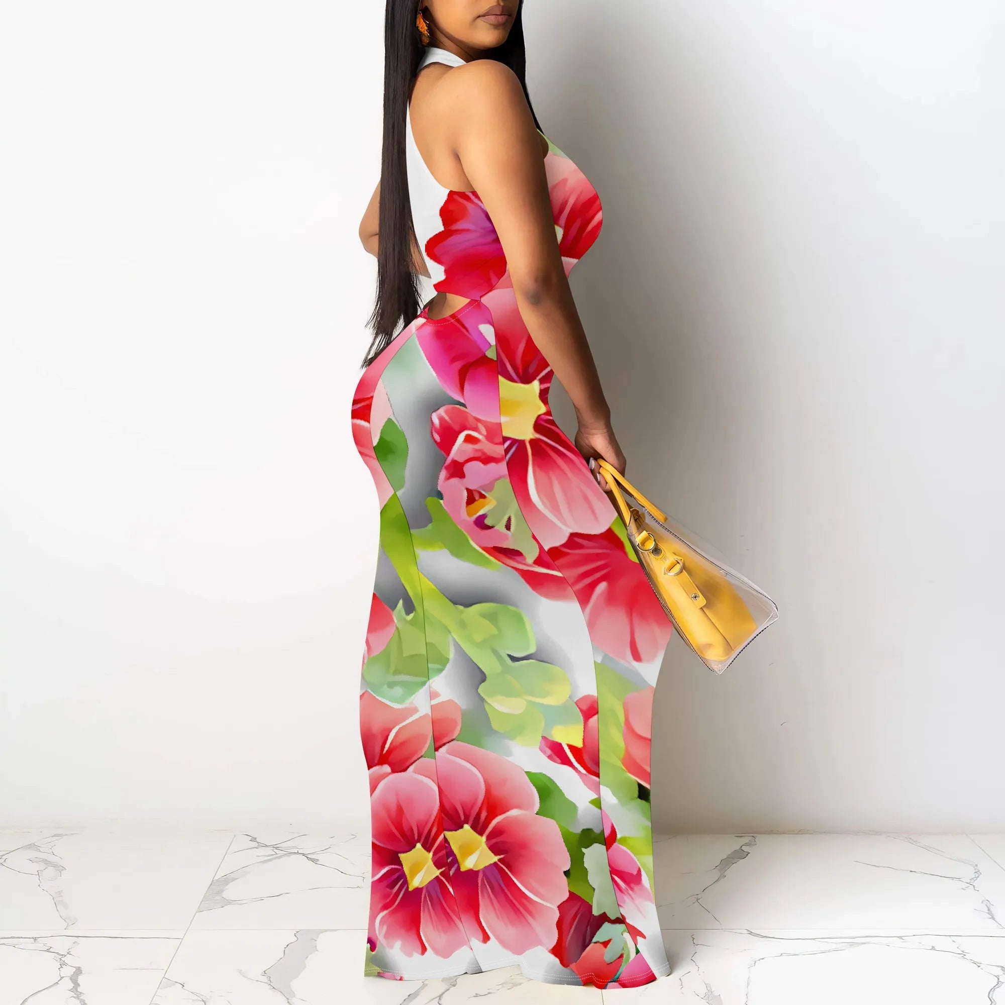 Summer Halter Neck Maxi Dress for Women Floral Print Bodycon Sleeveless Beach Party Outfit